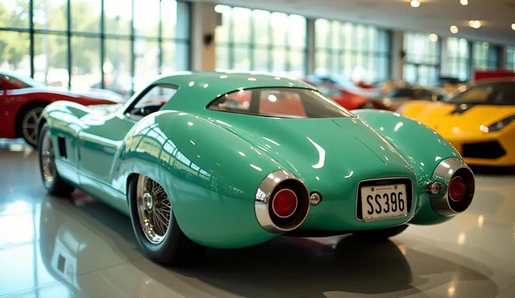 A retro-futuristic concept car with a sleek, curvaceous design sits in a modern showroom. The car is painted in a glossy mint green color, reflecting the ambient light. It has an aerodynamic teardrop-shaped rear, circular red taillights, and four large chr...