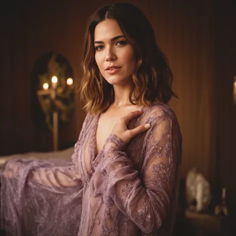 best quality, highres, 8k, masterpiece, photography, detailed midbody photorealistic portrait. Mandy Moore stands near a silk-covered chaise, the soft violet glow of lanterns casting a dreamy light across the luxurious space. She wears an amethyst-colored ...