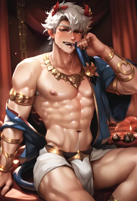 A demon boys, in hell, in red room, alone, White hair , sexy body, half naked, like greek god, bigger, demon tail, manly, yaoi, male only, anime style