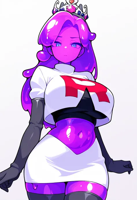 masterpiece, best quality, 1girl, solo, looking at viewer, queenslime, long hair, crown, colored skin, slime girl, large breasts, curvy, purple hair, team rocket,team rocket uniform,white skirt,red letter R,crop top,black thigh-highs,black elbow gloves, co...