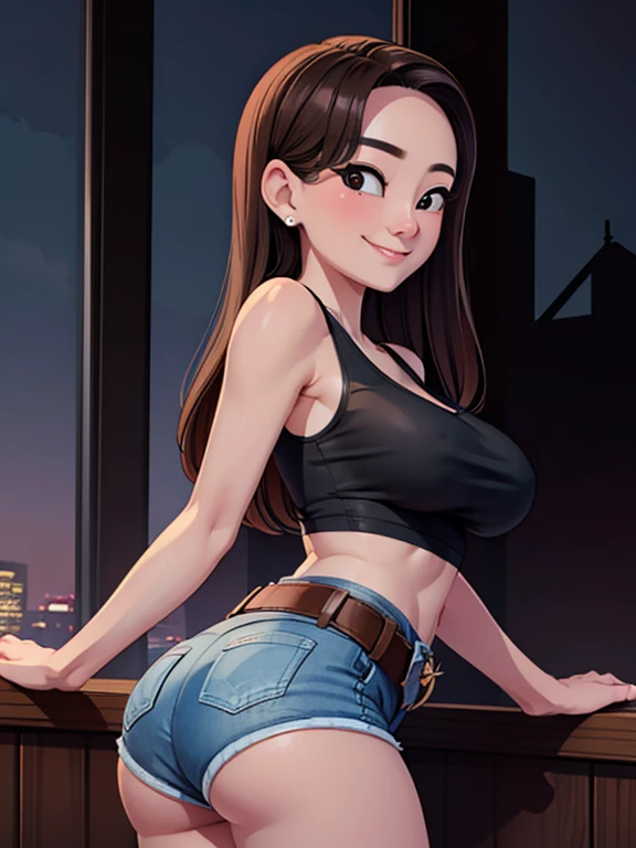 (masterpiece:1.2, best quality:1.2), ambient soft lighting, perfect lighting, 1girl, solo, Taiwanese woman, 37-years-old, long hair, big breasts, (Wearing: Tight Black tank-top, brown leather belt, denim booty shorts), smiling
