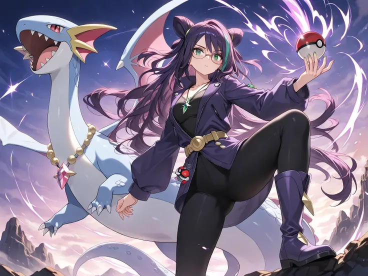 ((masterpiece, best quality, ultra-detailed character)), 1girl, A fierce yet graceful young female Pokémon trainer with long, flowing hair in shades of deep emerald green and silver, reminiscent of dragon scales. She wears a sleek, dark purple jacket with ...