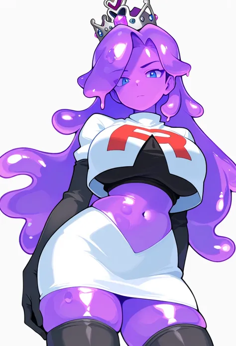 masterpiece, best quality, 1girl, solo, looking at viewer, queenslime, long hair, crown, colored skin, slime girl, large breasts, curvy, purple hair, team rocket,team rocket uniform,white skirt,red letter R,crop top,black thigh-highs,black elbow gloves, co...