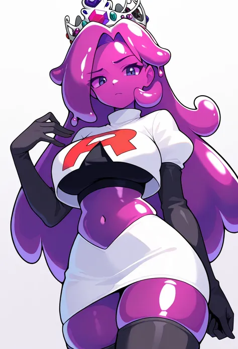 masterpiece, best quality, 1girl, solo, looking at viewer, queenslime, long hair, crown, colored skin, slime girl, large breasts, curvy, purple hair, team rocket,team rocket uniform,white skirt,red letter R,crop top,black thigh-highs,black elbow gloves, co...