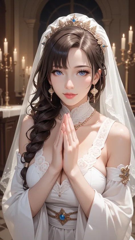 (DATE:20250205, By:Joulios) The portrait of a girl who is about to get married, He is praying to God,  busty , white, 18-year-old brunette, On my knees bent down on an altar, Portrait photo, Portrait from chest to head,
