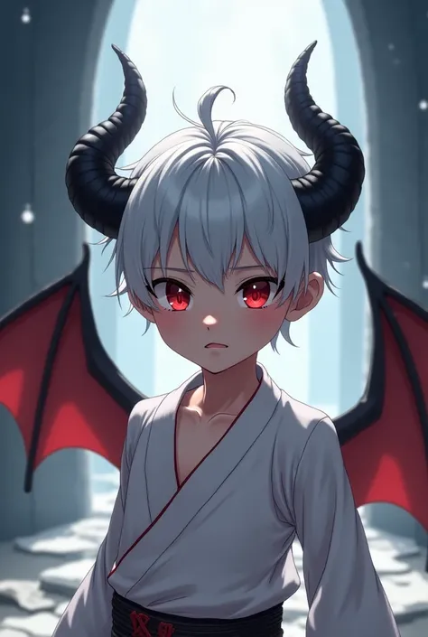  Anime Style，A  young boy ，Hairstyle is finely fragmented cap ，short hair， White Hair， with black devil horns and wings,The skin turns gray all over the body，Eyes are red ，Ching Xiu's face ， Volumizing Voluminous natural ，He has the appearance of a man ，He...