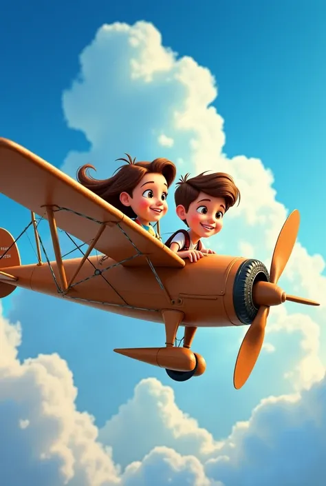 The girl has long brown hair and brown eyes, the boy has light brown hair and dark green eyes. They are flying in a plane. Make it Disney style