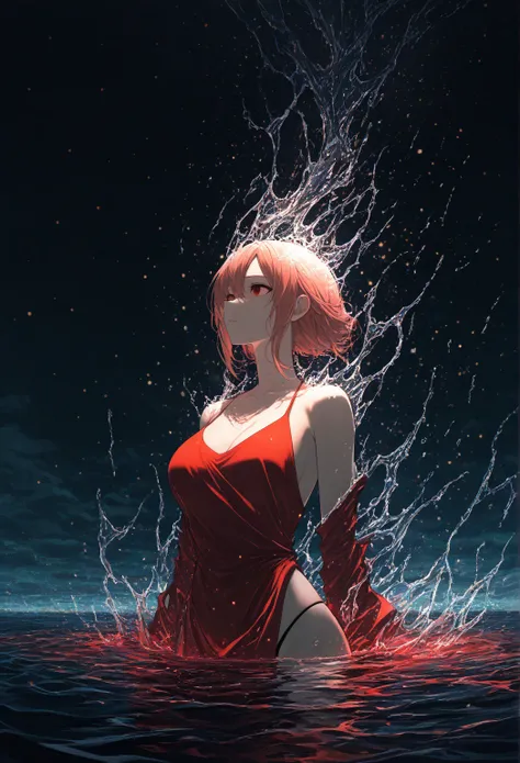  freeze ,  red dress, abstract, neon,  masterpiece,   thong, Lots of water , freeze, epic,  Upper body ,  looking into the distance, aura celestial, dark,  particles , fractal