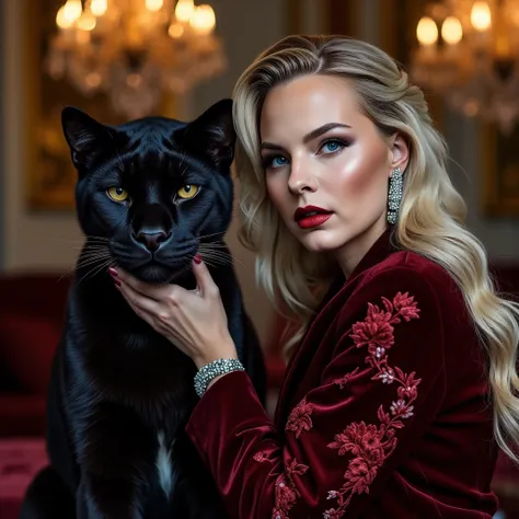 Ultra-detailed cinematic portrait of a stunning woman with a sleek black panther, set against a luxurious, opulent background of golden chandeliers and warm, glowing lights. The woman has piercing blue eyes, full red lips, and flawless, radiant skin, with ...