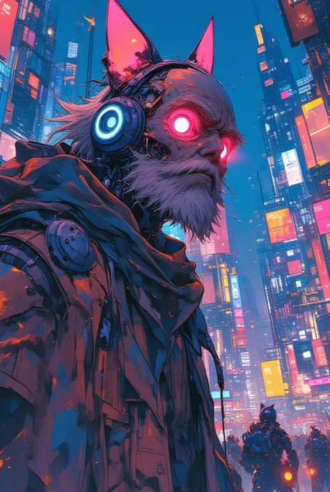 watercolor, vibrant colors, close up face, dynamic angle, beard, (mechanical (elderly man) with cat ears), In a futuristic city night, within the cyberpunk world, an mechanical (old man) with cat ears stands in the battlefield. His appearance is composed o...