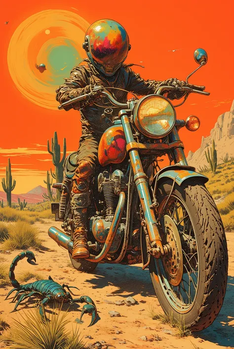  Desert Motorcycle Drawing、Hallucinatory Art  、  dmt Death of Ego  、  Psychedelic Horror  、Orange Sky、scorpion、Cactus、 Highly Detailed Fantastic Art  、  DMT Egodes  、 Shamanic Fear  、LSD art、clock、Collage Art