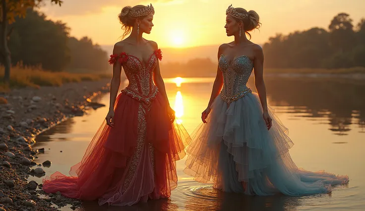 Elegant queens wearing flamboyant outfits clean a river with their energy at sunset