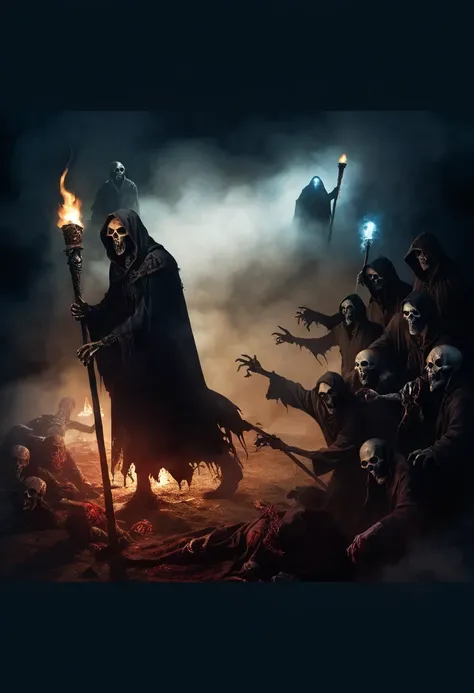 Stuffed image of a group of zombies with a torch in their hands, the harbringer of death,  a sinister fantasy illustration , malignant death, the reaper, Charon, the ferryman of Hades, god of death, reaper, dark cloak necromancer, fear of death, reaper da ...