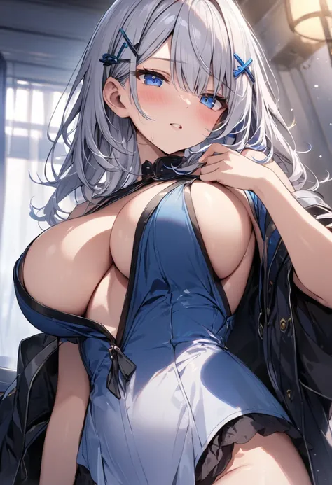  Masterpiece， big breasts，Fully open clothes、 Silver Hair、close、 2 black hairpins 、 blue eyes