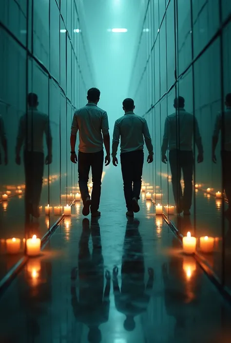 Two guys are walking in a maze of mirrors and one is walking in front of the other guy and candles are burning near the mirrors, shadows are reflected in the mirrors .  On vinyl .