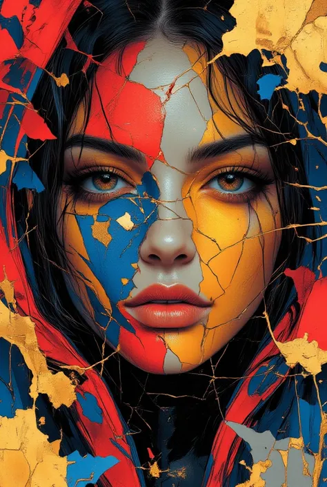 abstract photorealistic ink image in vivid, surreal colour glitch gradient, gold, red and blue colour scheme, a captivating female ninja warrior, detailed hazel eyes, red lips, her face cracked into fractal plates