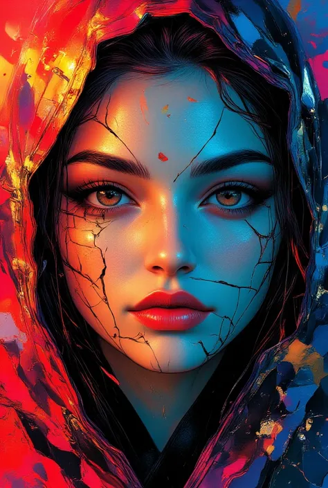 abstract photorealistic ink image in vivid, surreal colour glitch gradient, gold, red and blue colour scheme, a captivating female ninja warrior, detailed hazel eyes, red lips, her face cracked into fractal plates