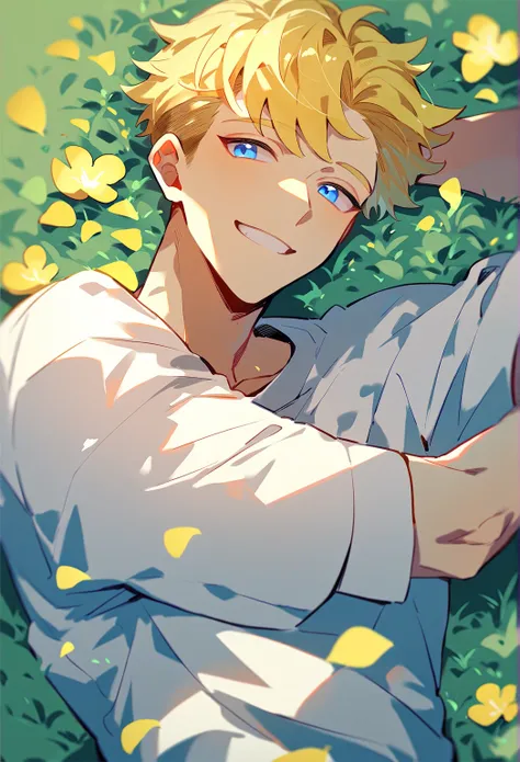 Yellow hair, blue eyes, man handsome, white t-shirts, Lie down and relax on the green grass with sunshine and flowers