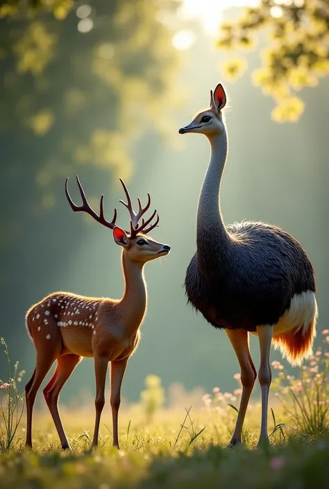 A deer stands next to an ostrich 