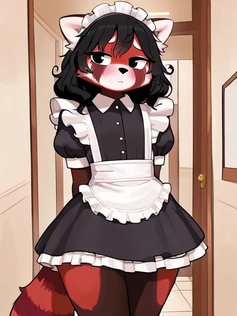 , Anthropomorphic fluffy red panda boy, red fur,  black eyes ,  disheveled wavy hair  ,  The seductive look  ,  slim, ideal body,  thick,  wide hips , with maid outfit , inside,  shy pose ,  hands behind your back