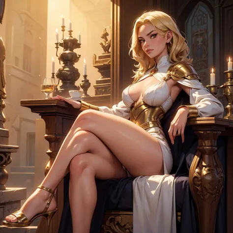 Masterpiece, full body, beautiful young eighteen years old female, exotic face, blonde short wavy hair, elegant, luxury rich silk sexy dress, noble, perfect skin, perky breasts, fit, in a medieval fantasy merchant guild setting, mean, confident, pretentiou...