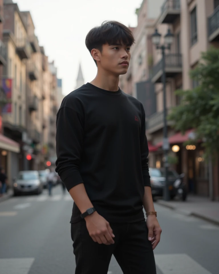  18-year-old boy ,  wearing a black long sleeve shirt, and black pants, looking sideways on a street 