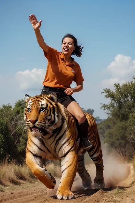 Riding a huge tiger while waving