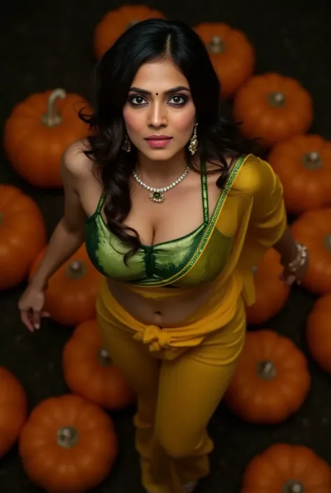 night scene, extreme close up photo of sexy indian from top view, big cheeks, curvy, hourglass figure, swooping breasts, deep cleavage, open arms, sexy armpits, nipples, navel, erotic standing on big pumpkins with wide open spread legs, ponytail, necklace,...