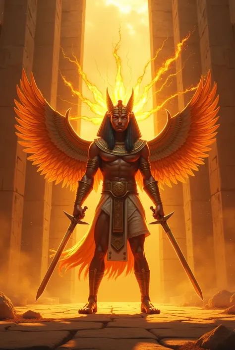 The Egyptian god Ra in a battle arena, with a khopesh on each hand and feathers that mimic heat and radiation 