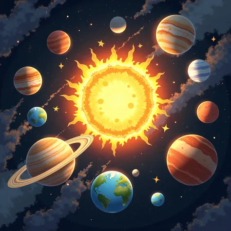 "Create an anime-style illustration of the Solar System, showcasing all nine planets: Mercury, Venus, Earth (with its satellite, the Moon), Mars, Jupiter, Saturn, Uranus, Neptune, and Pluto. Each planet should have unique, vivid characteristics that reflec...