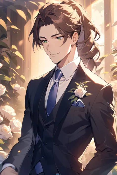 1 handsome hair, long brown hair in a ponytail, green eyes, 30 years old, high detail, black suit and tie, perfect eyes, look away, solo, calm smile, wedding background, he is the groom, sexy good boy, athletic, tall