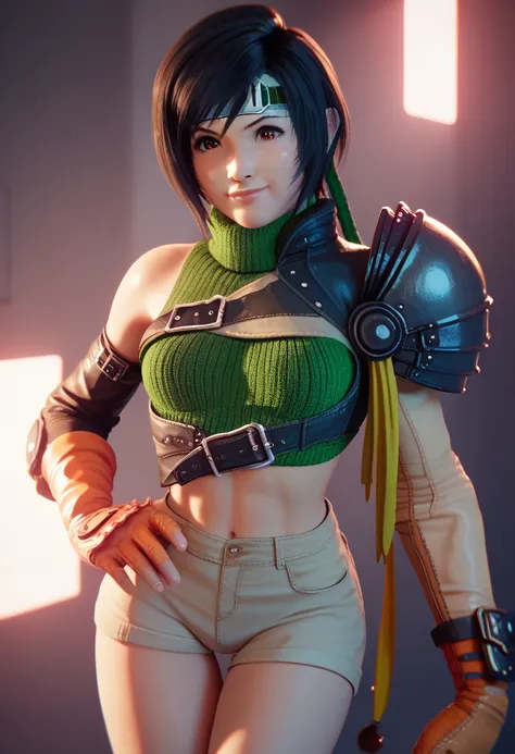  1 girl,  thigh shot , Yuffie's armor from FINAL FANTASY, coquettishly,  flirting pose ,  looks at the viewer,  dramatic lighting,  pretty face,  perfect anatomy 
  