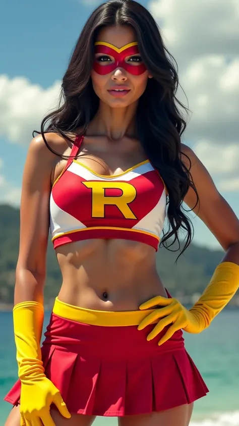  30 year old Puerto rican woman as superhero wearing red white and yellow, cheerleader uniform,skirt,gloves,leggings,boots, R emblem on the chest and masquerade mask,, she got big breasts and big ass,  she's exposing her breasts and her nipples. In the sty...