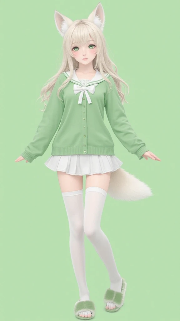 A sexy woman with a soft, ethereal appearance is dressed in a green and white outfit, styled in a cute and anime-inspired fashion. She has long, wavy, platinum-blonde hair that cascades down her shoulders and back, with fluffy, white fox-like ears protrudi...