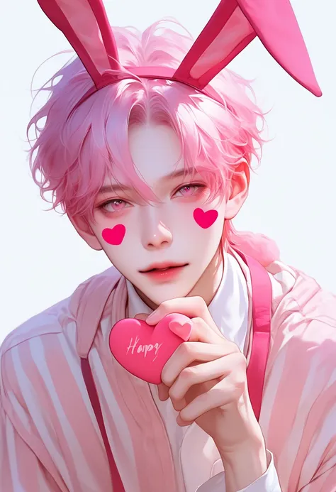 A pink-haired anime boy with candy heart stickers on his face, wearing bunny ears and striped , in a hand-drawn style, against a white background. This Valentine's Day-themed artwork features a cute cartoon design with a pink color palette, close-up view, ...