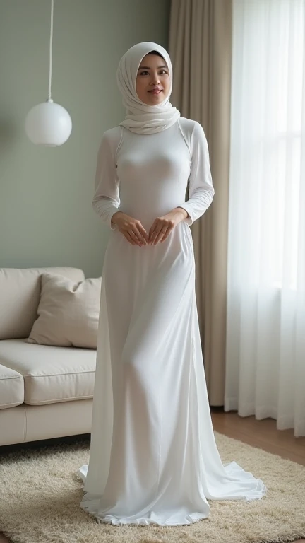  Malaysian girl , hijab, wearing a tight long dress in white looking underwear, wearing tight white pants looking panties, , small tits , small ass , Pose in the room, full body, masterpiece, reality, 8k