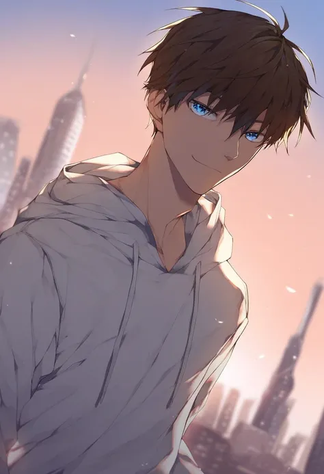 masterpiece,best quality,amazing quality,very aesthetic,high resolution,ultra-detailed,absurdres,newest,scenery,volumetric lighting,depth of field,
1boy,solo,male focus,manly,kaito,short hair,brown hair,blue eyes,looking_at_viewer,white_shirt,hoodie,naught...