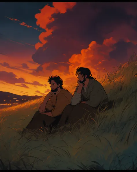 aerial view, guy in 30s sitting on long grass, thinking about life, beard, smiling, looking at sky, moody, evening time, windy, ghibli style, vibrant tones, happy