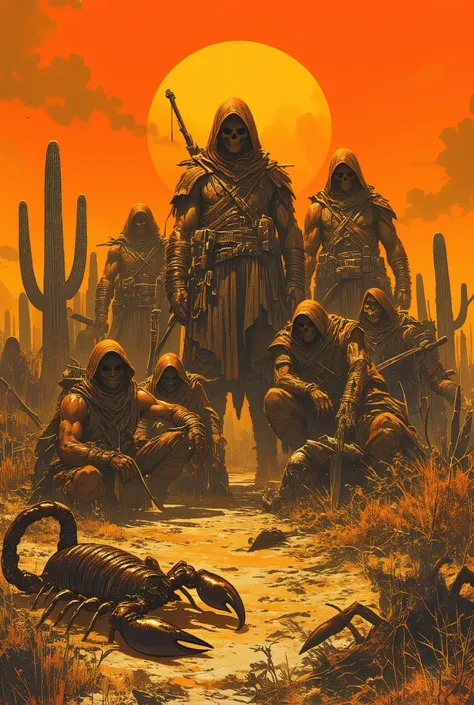 a bunch o raiders in mad max style、in a Rider's camp, Hallucinatory Art 、 dmt Death of Ego 、 Psychedelic Horror 、Orange Sky、scorpion、Cactus、 Highly Detailed Fantastic Art 、 DMT Egodes 、 Shamanic Fear  、Collage Art
