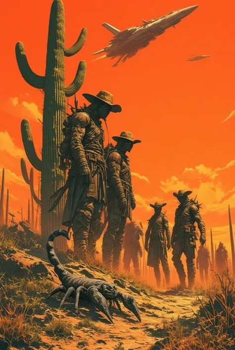 a bunch o raiders in mad max style、Hallucinatory Art 、 dmt Death of Ego 、 Psychedelic Horror 、Orange Sky、scorpion、Cactus、 Highly Detailed Fantastic Art 、 DMT Egodes 、 Shamanic Fear 、space ships 、Collage Art