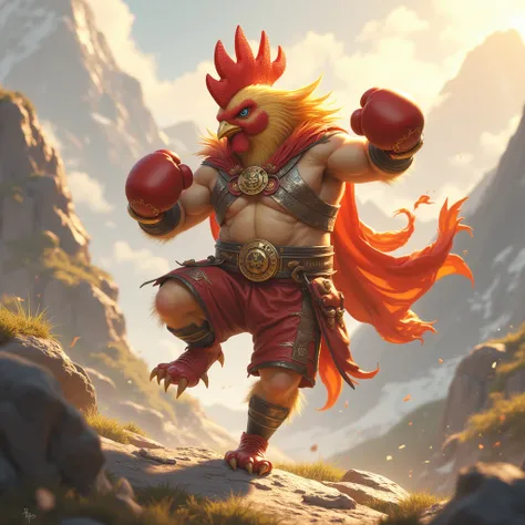 Chicken head ,  boxer body, Jump Kick, PUT ON A BOXING BLANKET,  fantasy, Put on warrior armor, Realistic morning light, On the mountain, Put on red shoes