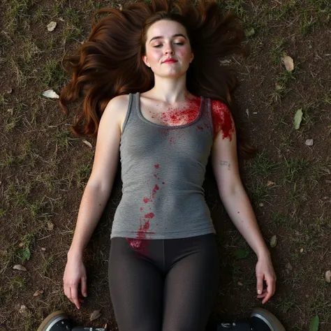 A beautiful Kaitlyn Dever lies before us, her once-vibrant appearance now marked by tragedy. Her hair spills across the ground, tangled and dusted with debris. She is dressed in a fitted tank top, leggings, work boots, and waistband, now stained and torn f...