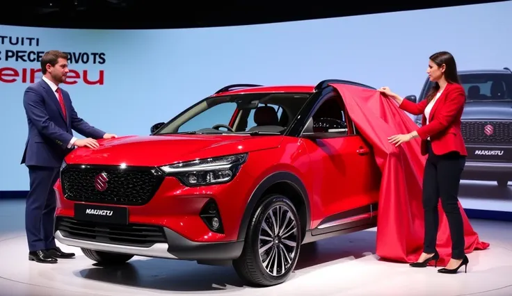 "Create an image showing a red 2025 Maruti s presso being unveiled on a stage at a car event. Two individuals, a man in a formal blue suit and a woman in a red blazer, are holding a partially removed red and white cloth that was covering the car. The backg...