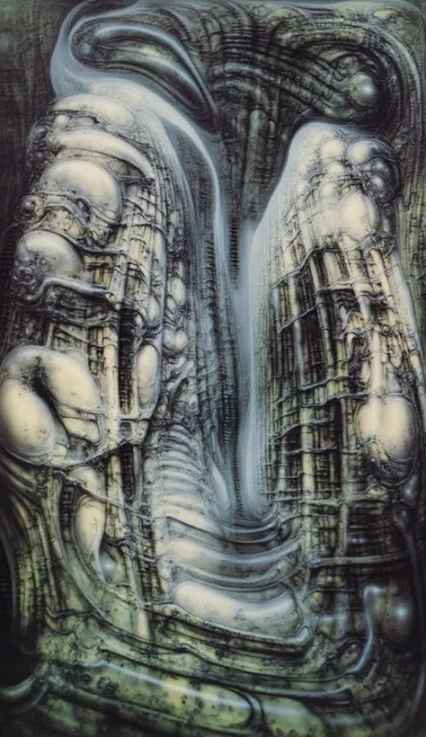 Please reproduce the original image as accurately as possible, capturing the intricate details of the biomechanical structures, the dramatic lighting, and the overall sense of unease. Find and enhance depiction of Giger's demons and creatures.(best quality...