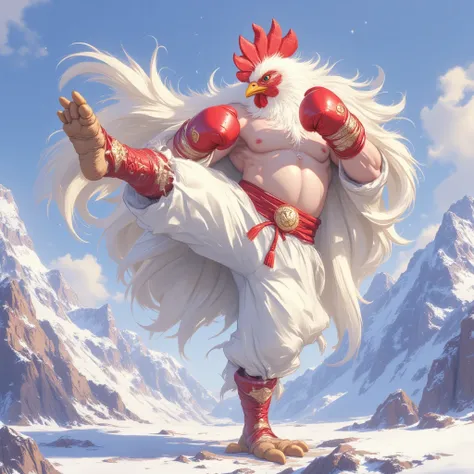 Chicken head ,  boxer body, Jump Kick, PUT ON A BOXING BLANKET,  fantasy, Realistic lighting, On the mountain, Put on red shoes, Wear Thai boxing pants