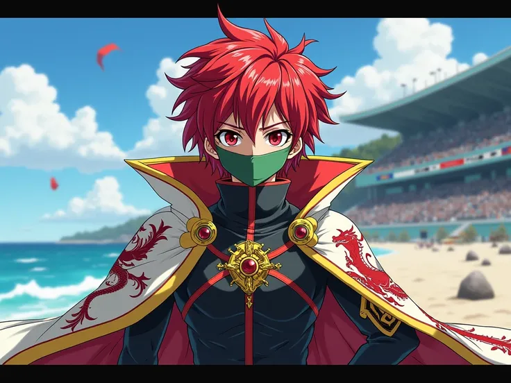  3 16-year-old male oc added Beyblade Master anime
Boy 1 red and yellow hair 
Bristled Wild Wears a Mask 
Of the Red War.
White cloak with dragon pattern
Beyblade green and yellow spinning top with lion emblem .
regard demoniaque
garçon 2 cheveux blanc lon...