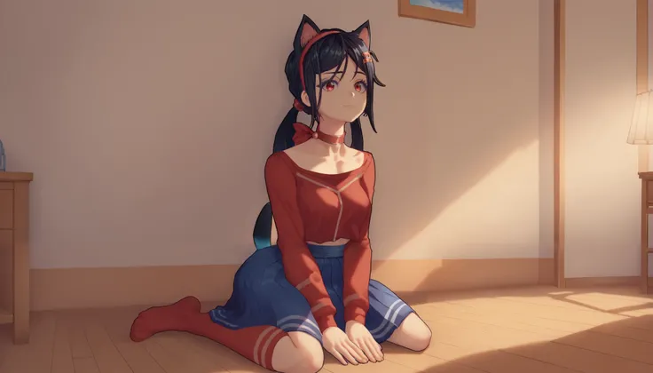 1 girl ((cat girl , Black-eared cat )), (sola), ( red eyes), ( long hair), (( black hair, (choke), straight bangs ,)),, braids of hair, red headband, choker, Red Jersey, blue skirt, hair ornament, (full body), (in Mita's room from the game myside)