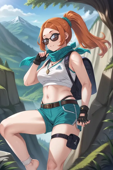 For a mountain climber-inspired outfit for Orihime Inoue, while keeping her navel and feet visible, here’s the design:

Top

A sleeveless, cropped sports top in earthy tones like forest green, deep blue, or brown, designed for flexibility and comfort while...