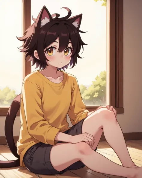 Dark Brown Colour Hair, Fluffy Messy Hair, Golden Colour Eyes And Black Big Puplis, Light Tone Skin Colour, Sitting On The Floor, Sun Lights Coming From The Window, Wearing A Light Yellow Colour Shirt To The Thighs Long, Gender Male, Cat Boy, No Pants, Onl...