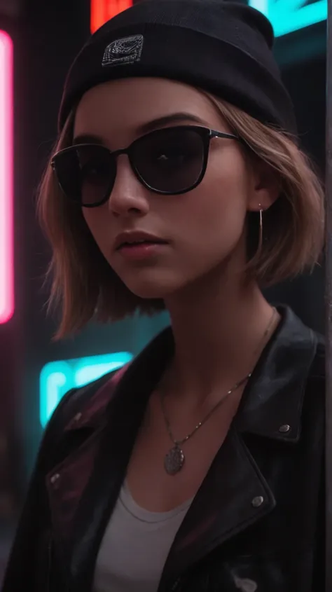 score_9, score_8_up, score_7_up, face close up, alternative girl, watching over black sunglasses, jacket, necklace, neon light reflections on skin, ear ring, makeup, skin imperfection, short hair, beanie, neon lights background, low light, depth of field, ...